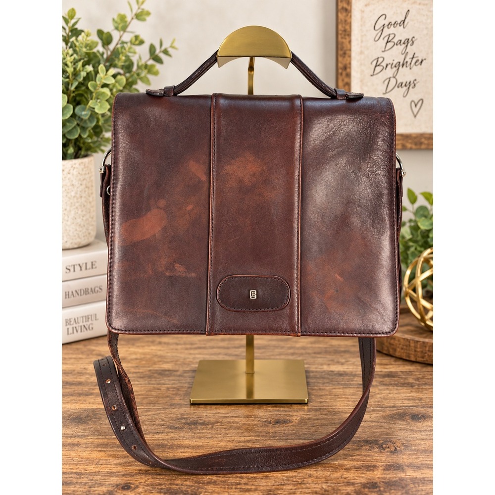 Bree Dark Brown Leather Crossbody Messenger Bag Satchel Top Handle Small Logo